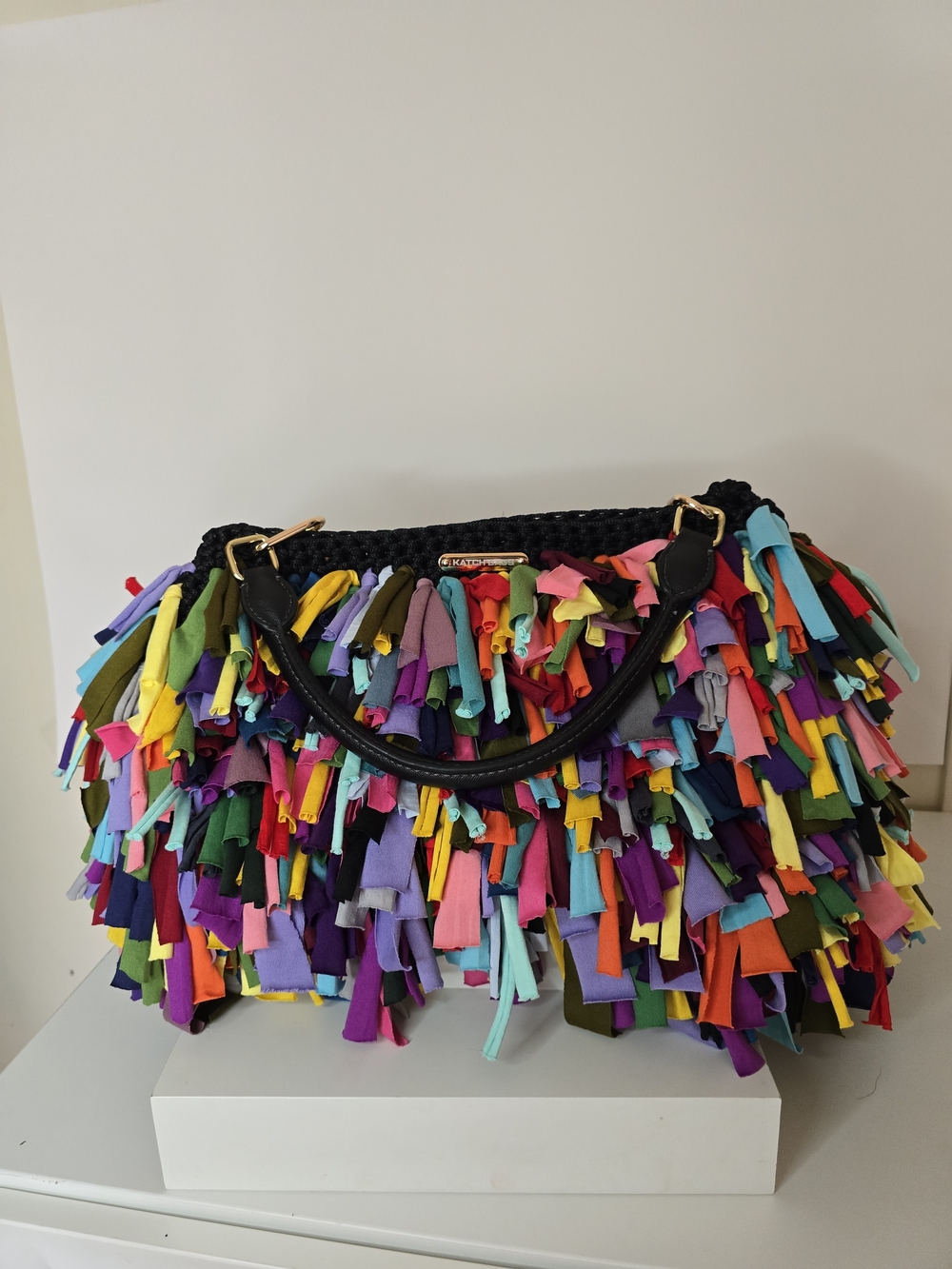 Hand Crafted Colorful Fringe Crochet Oversize Bag with Black Leather Handle - Picture 4 of 8